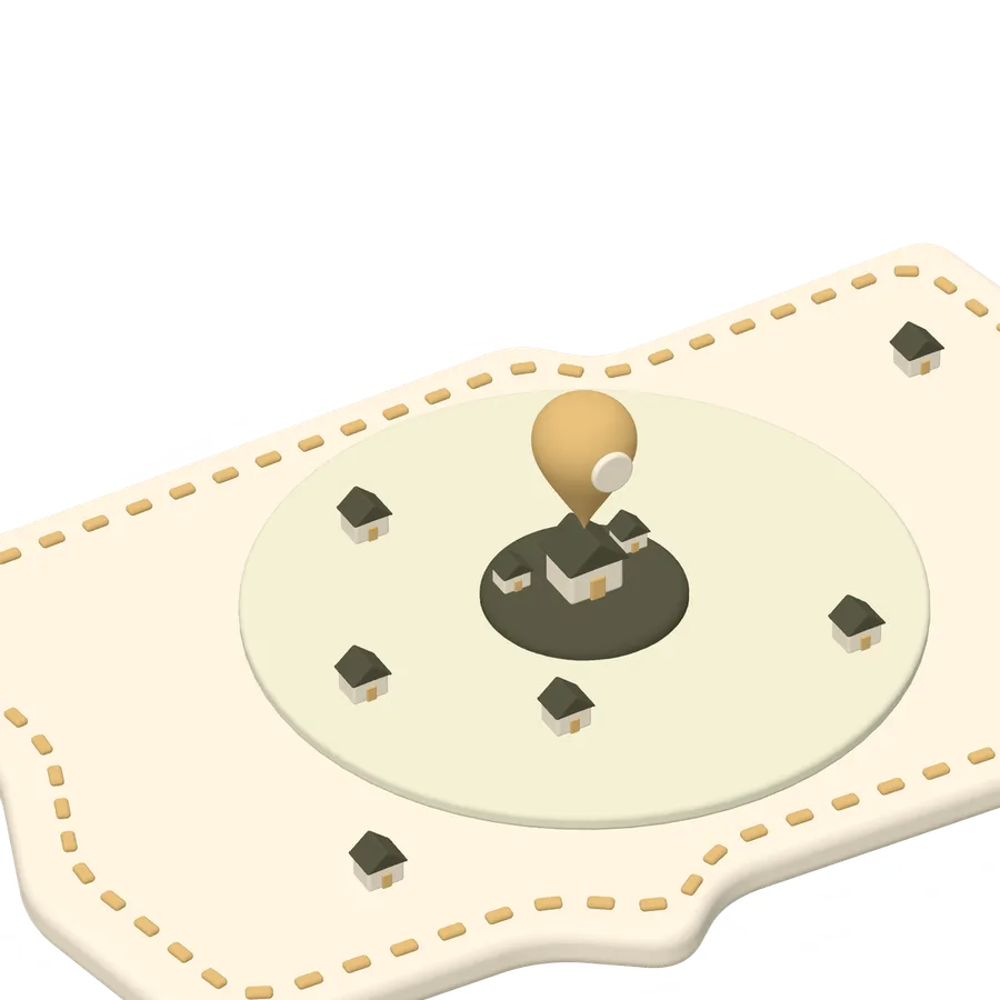A state map tile with a base ZIP pin in the middle: a small dark circle for the Starter 15-mile area, a larger light circle for the Growth area of up to 50 miles, and the whole state for Elite, with homes at different distances