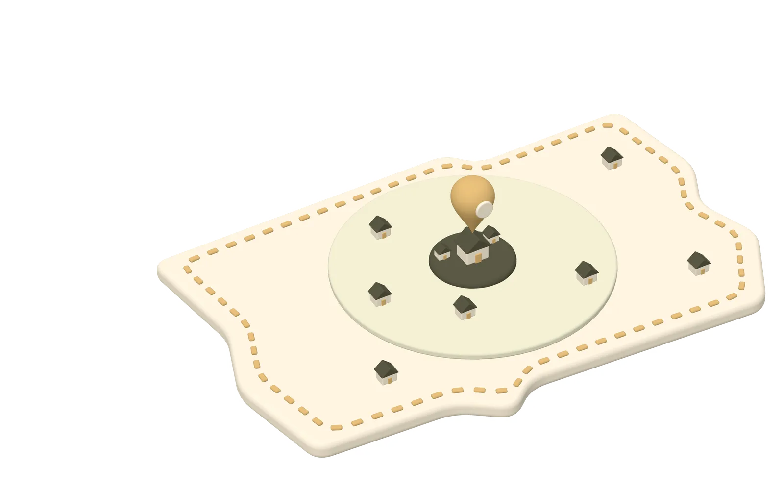 A state map tile with a base ZIP pin in the middle: a small dark circle for the Starter 15-mile area, a larger light circle for the Growth area of up to 50 miles, and the whole state for Elite, with homes at different distances