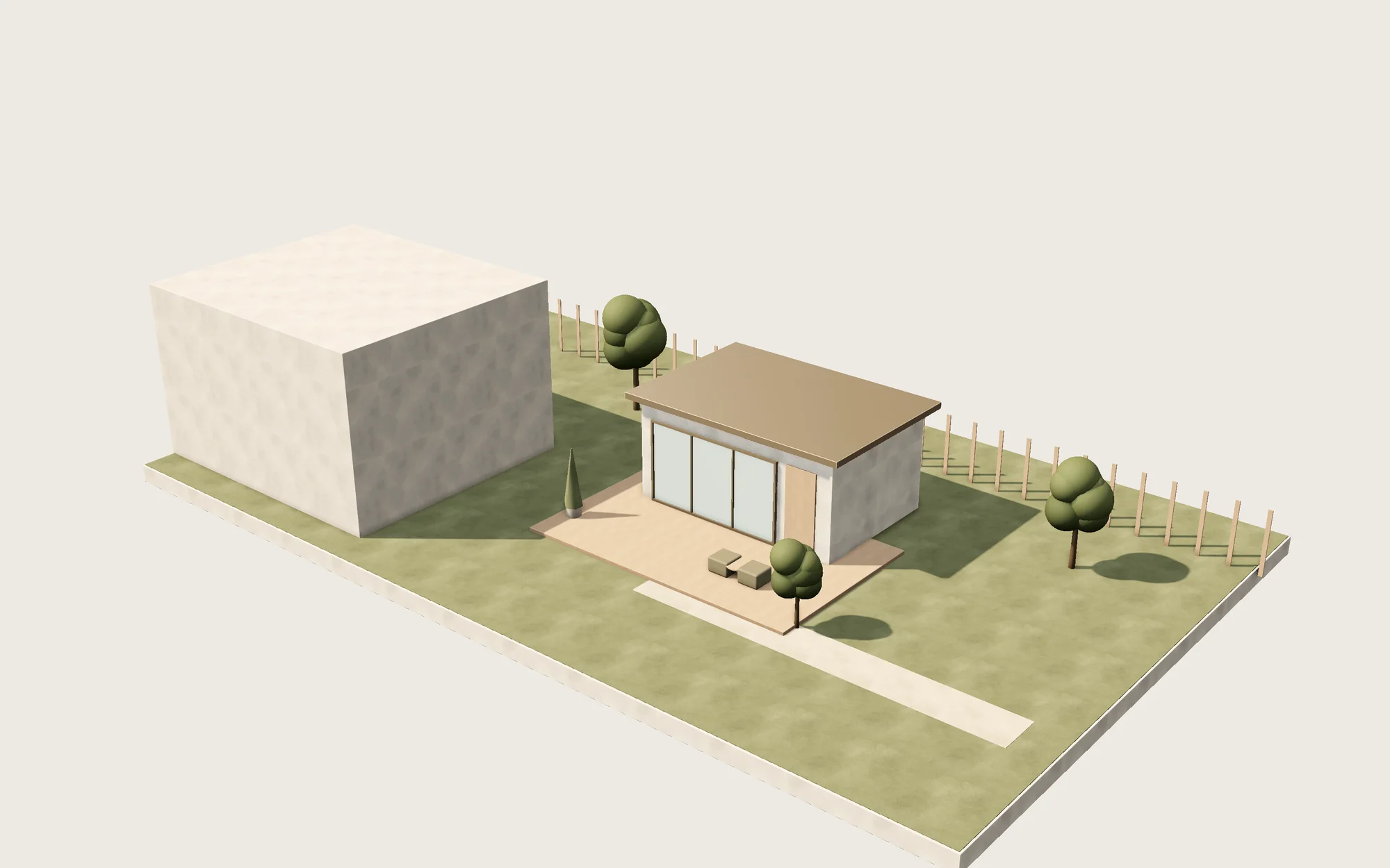 3D render of a backyard ADU next to the main house