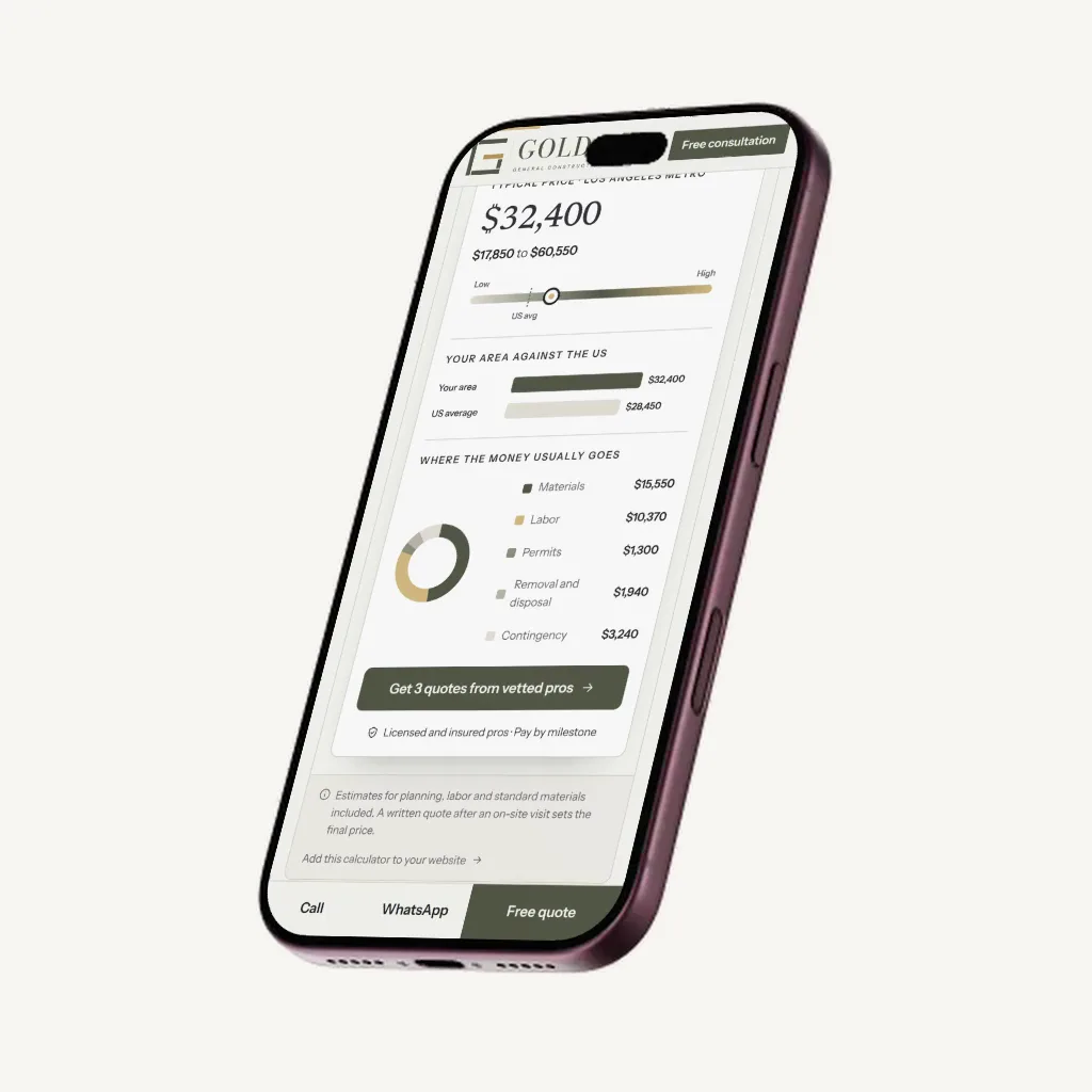 iPhone showing the GOLDGCP app with a live roofing price estimate
