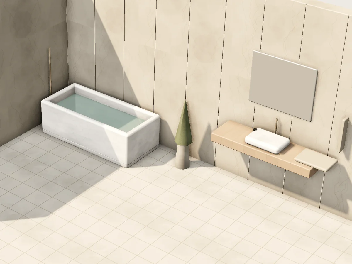 3D render of a bathroom with a soaking tub and a floating vanity
