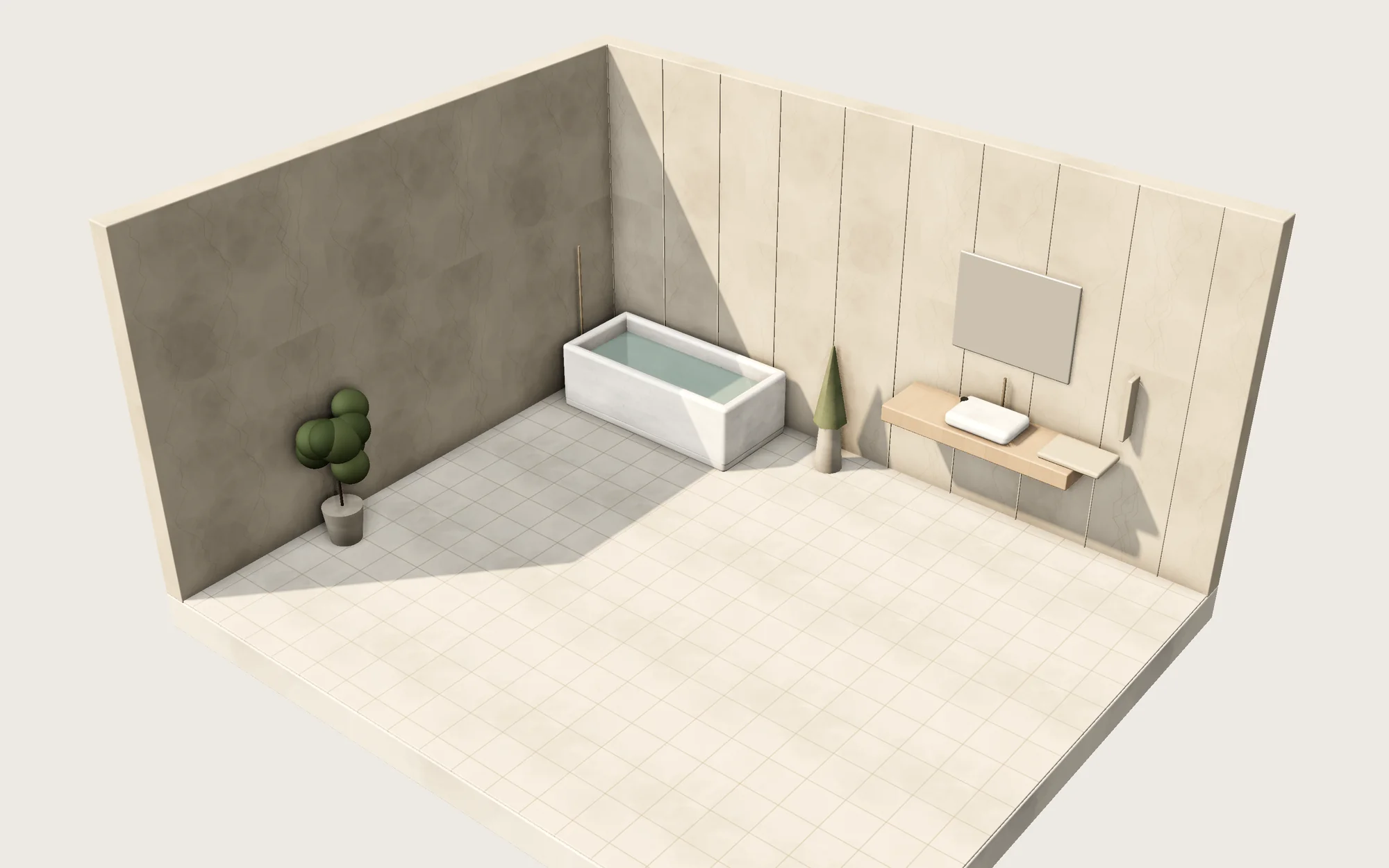 Bathroom diorama with freestanding tub and oak vanity, studio render