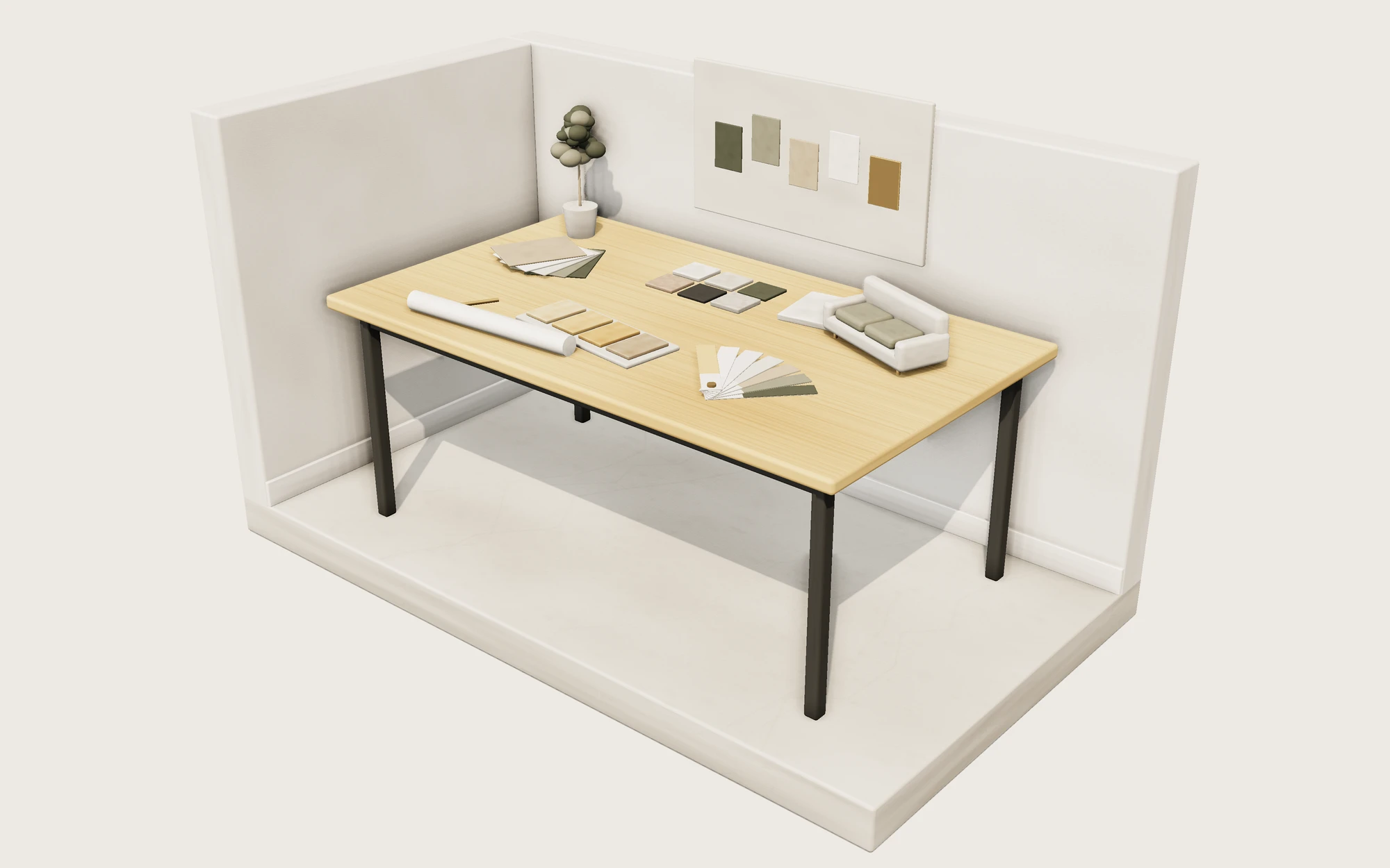3D illustration: Designer table with fabric, tile, stone and wood samples