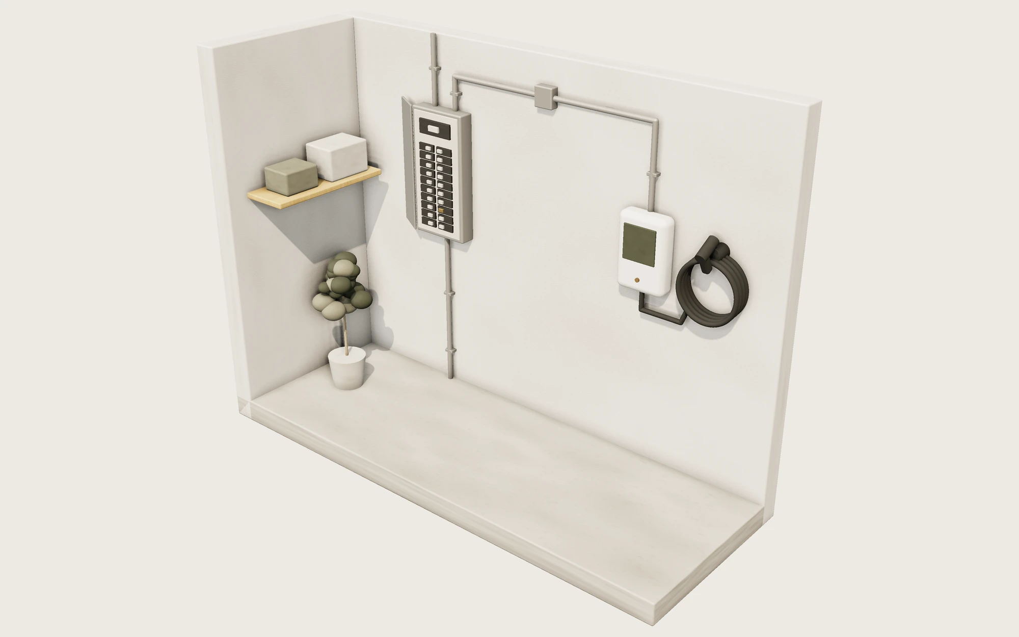 3D illustration: Garage wall with an open electrical panel, conduit and an EV charger