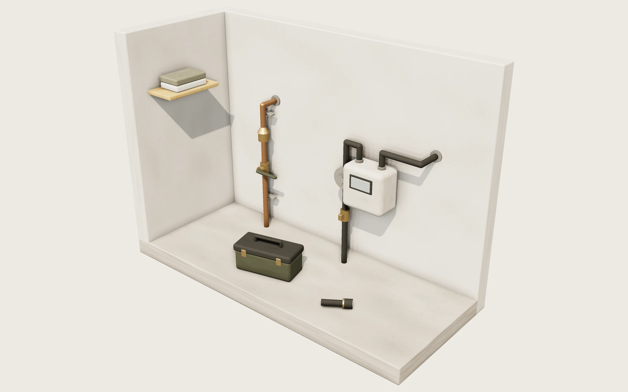 3D illustration: Utility area with the main water shutoff, gas meter shutoff, toolbox and flashlight
