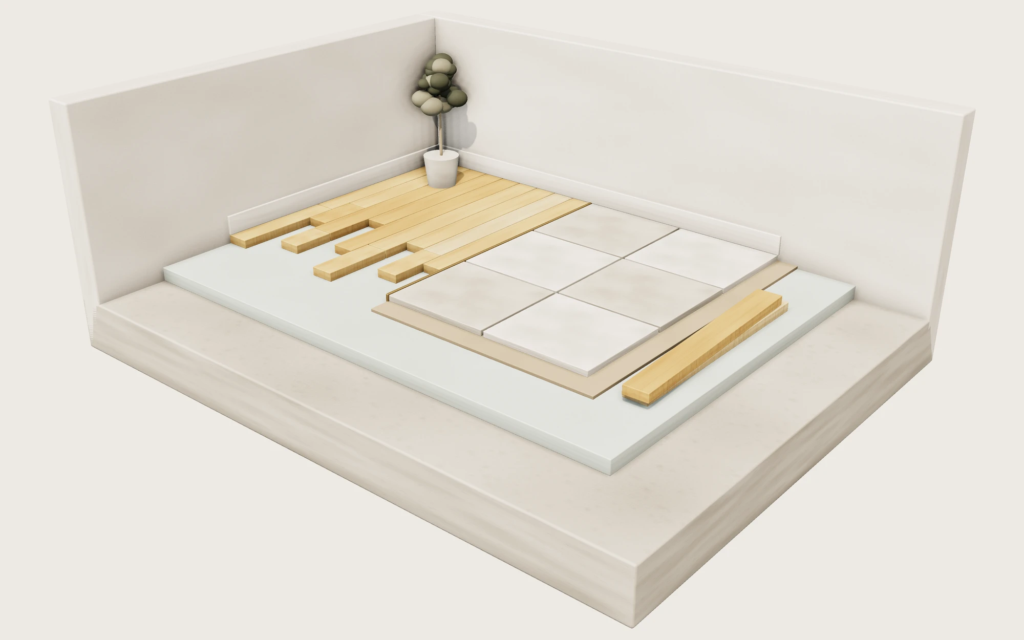 3D render of new flooring going down over a subfloor