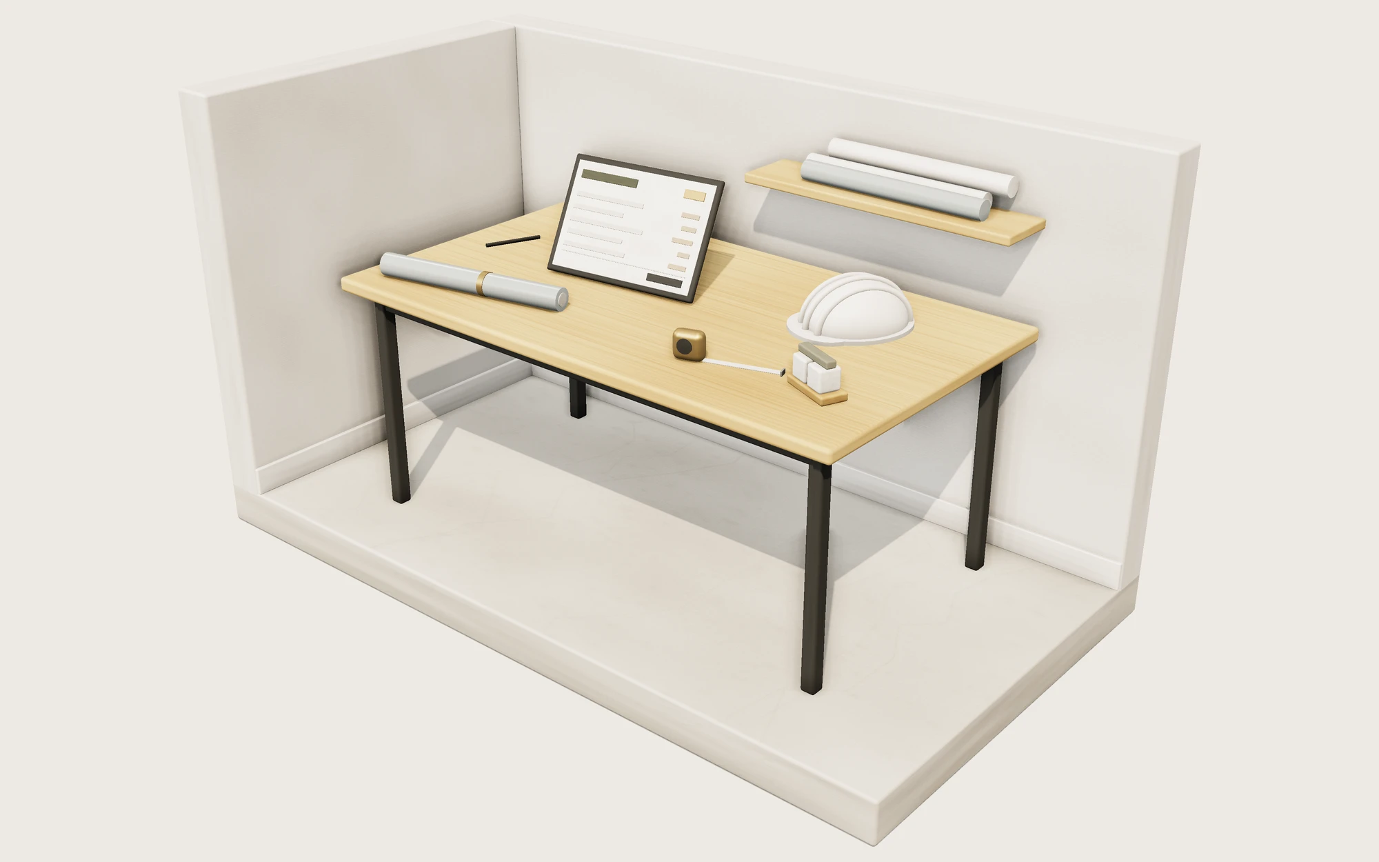 3D render of a contractor desk with a tablet, hard hat, tape measure and blueprints