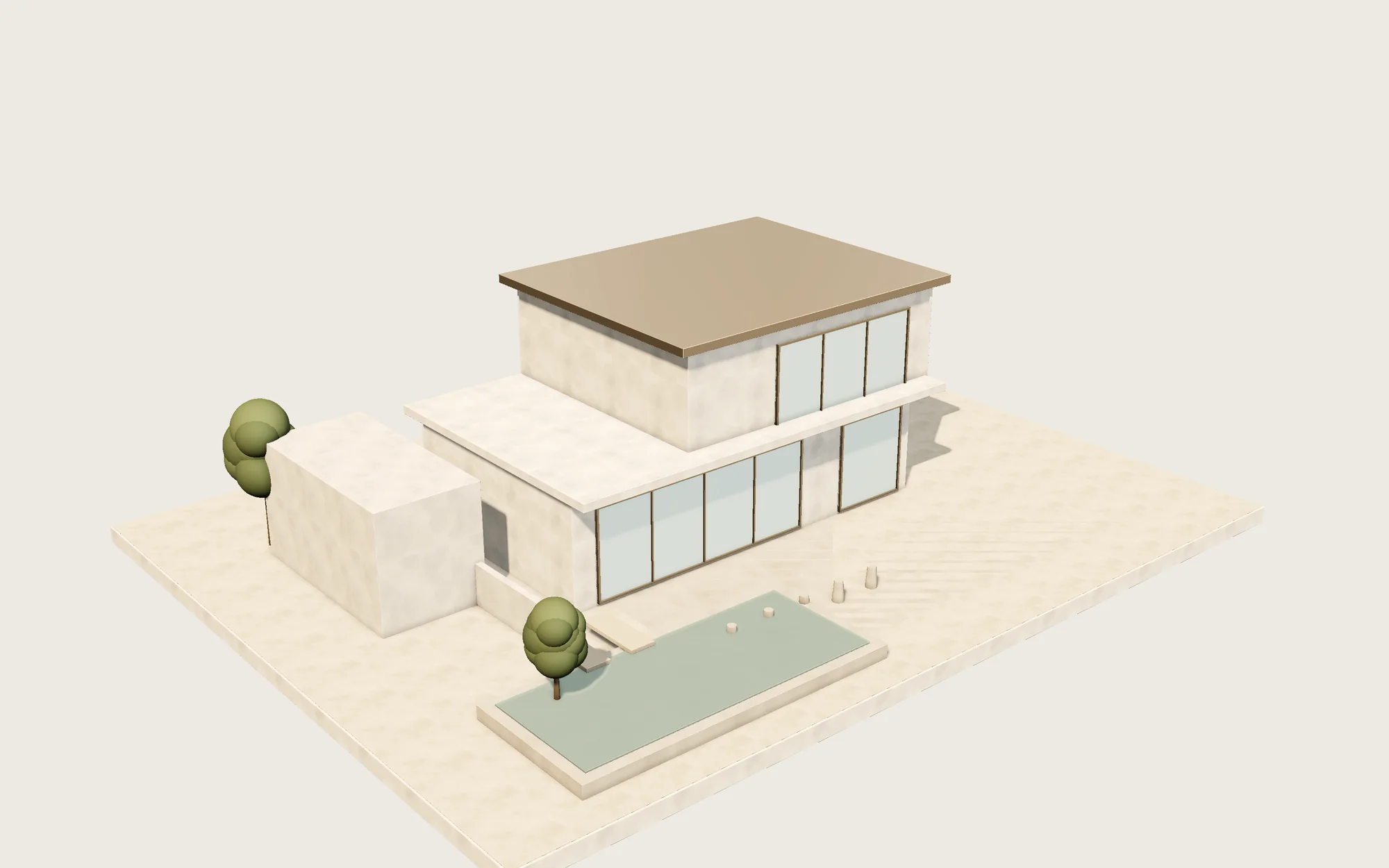 3D model of a modern two-story house with a pool