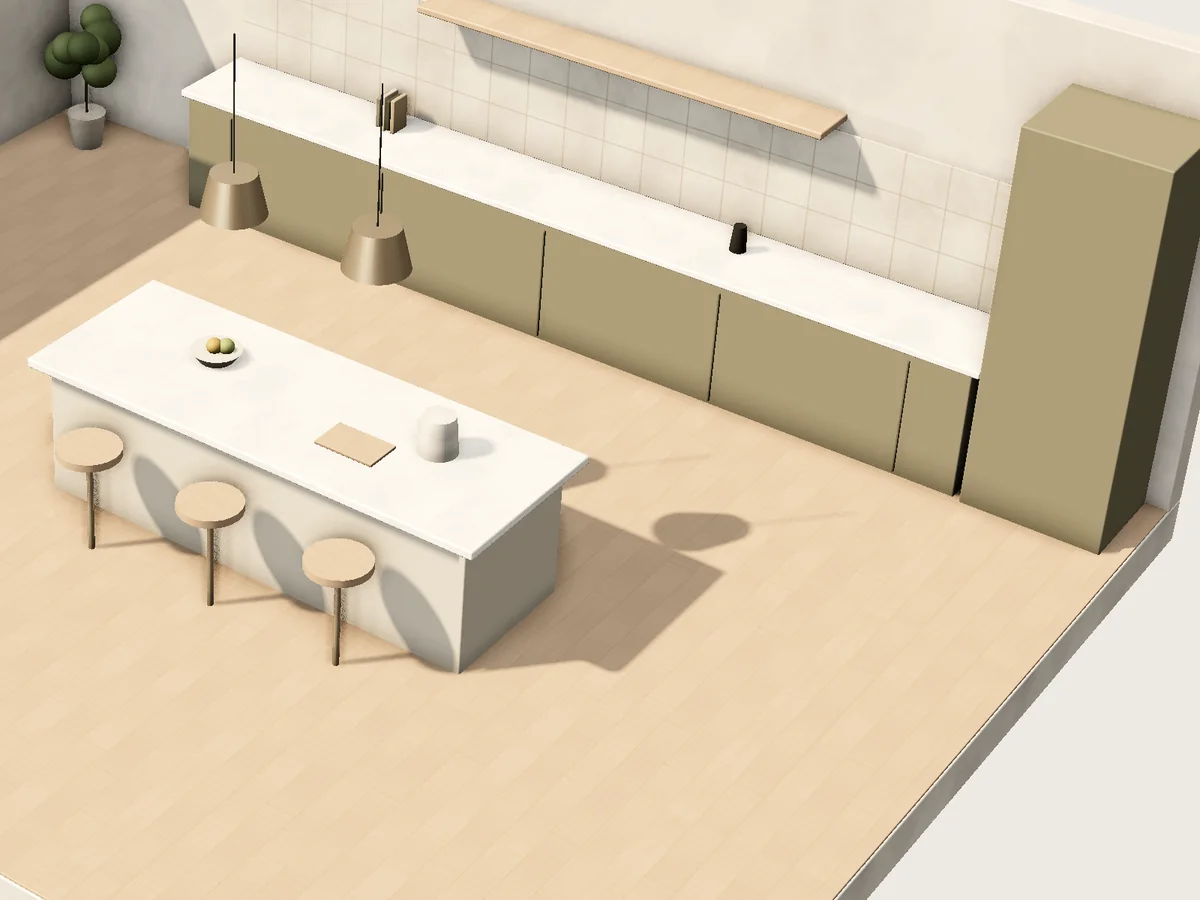 3D render of a kitchen with an island, bar stools and pendant lights