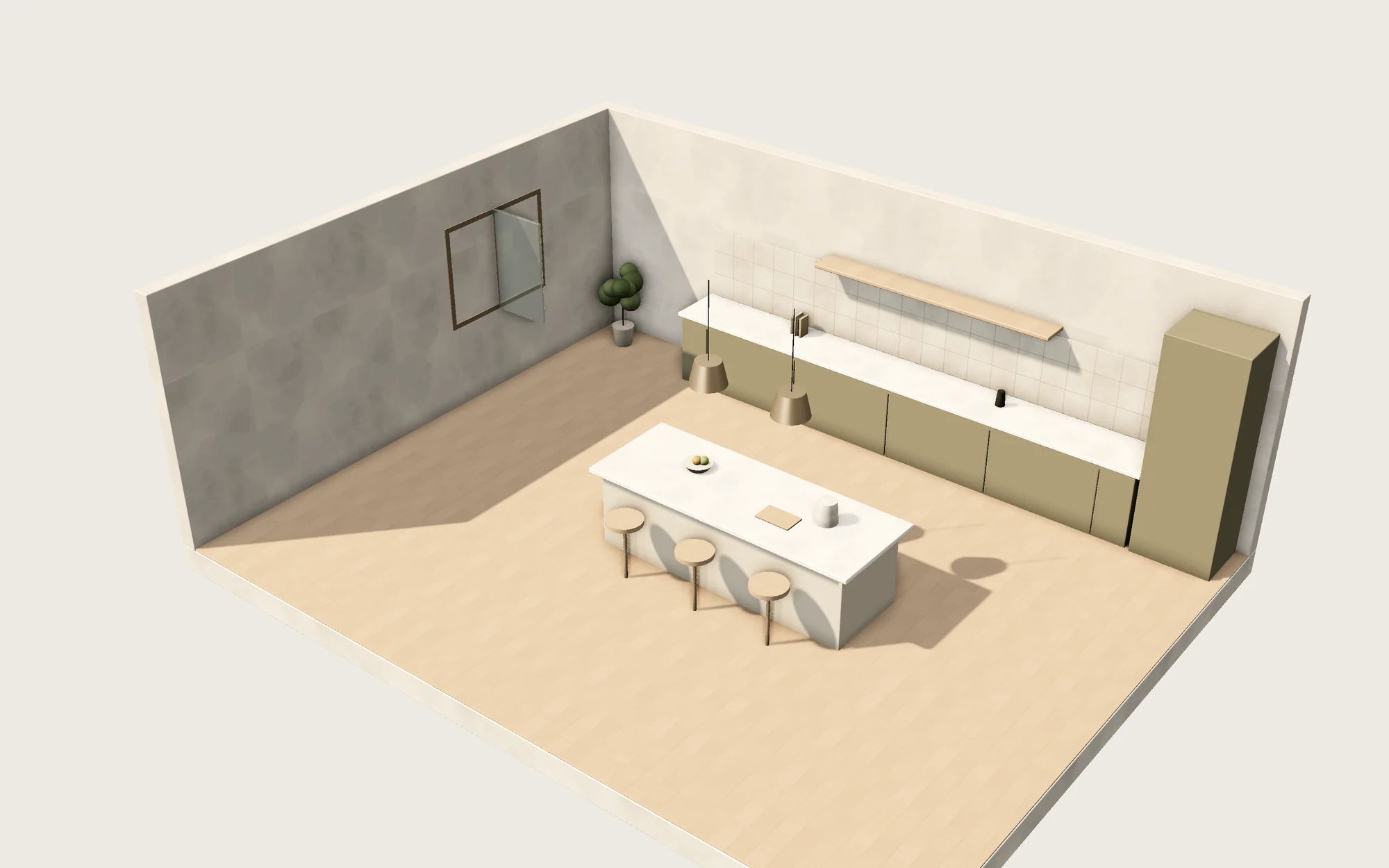 Kitchen diorama with quartz island, olive cabinets and brass pendants, studio render