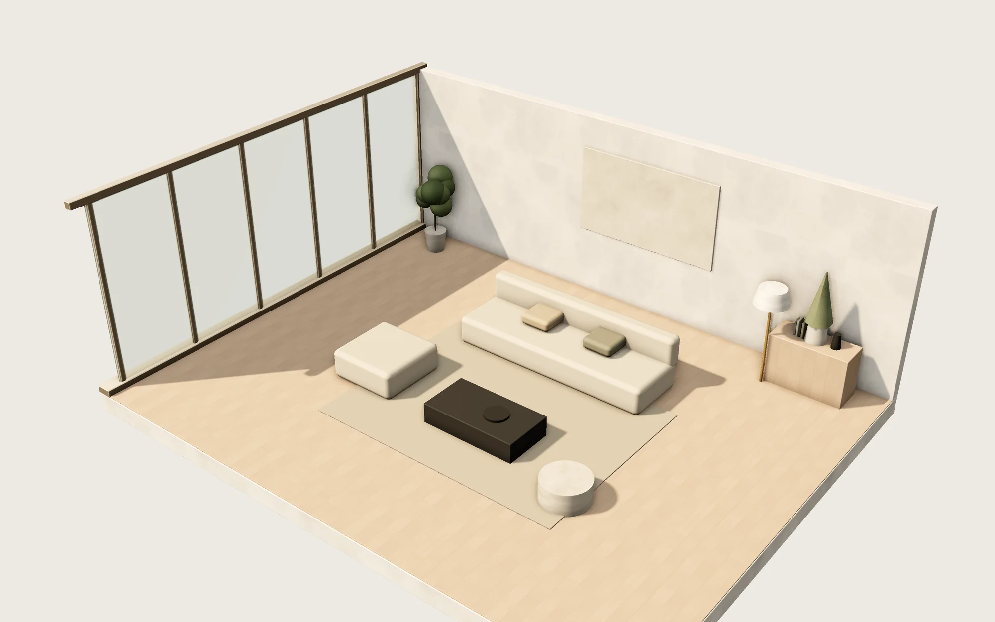 3D render of a living room with floor-to-ceiling windows and a sofa