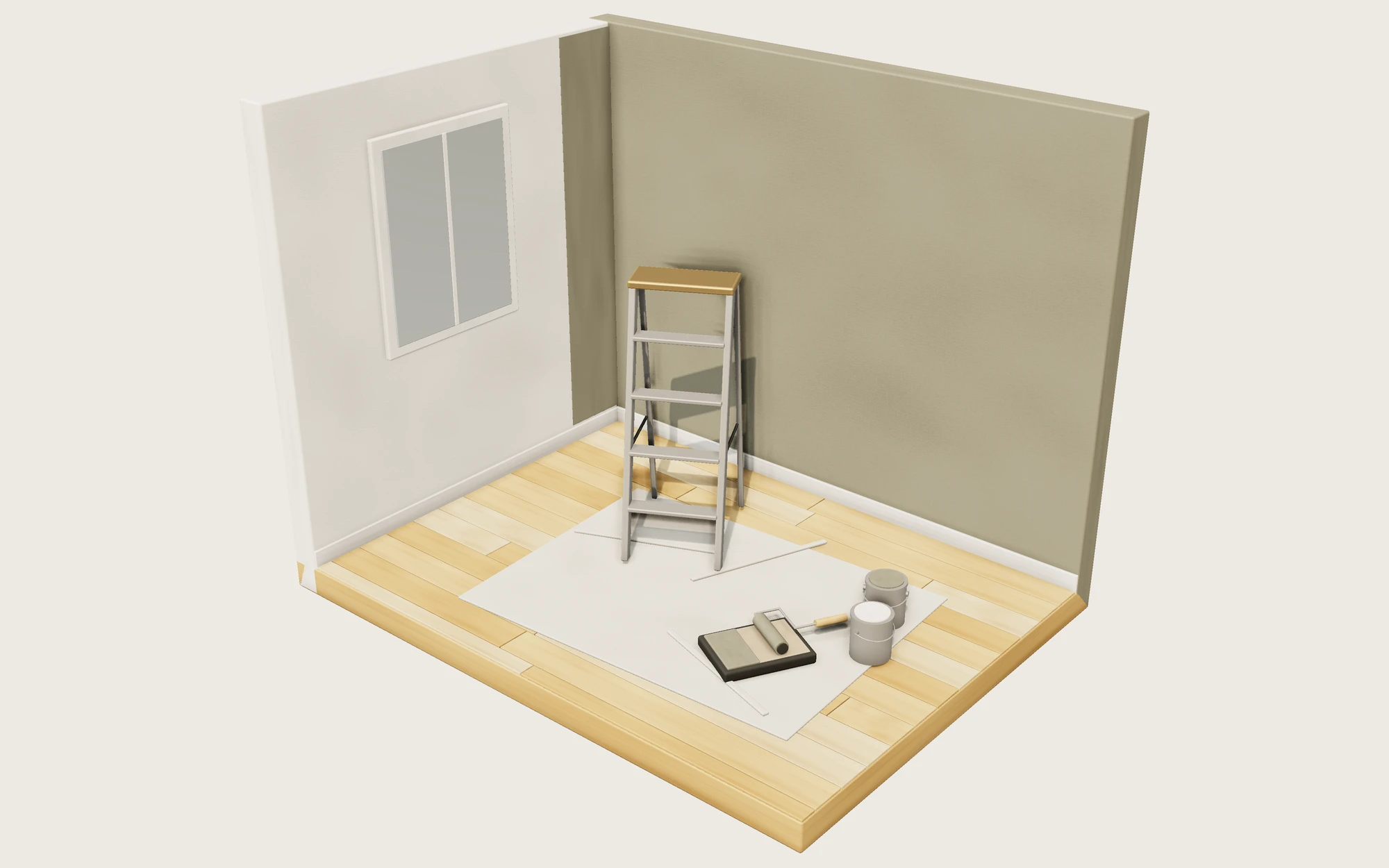 3D render of a room being painted, with a ladder and paint can