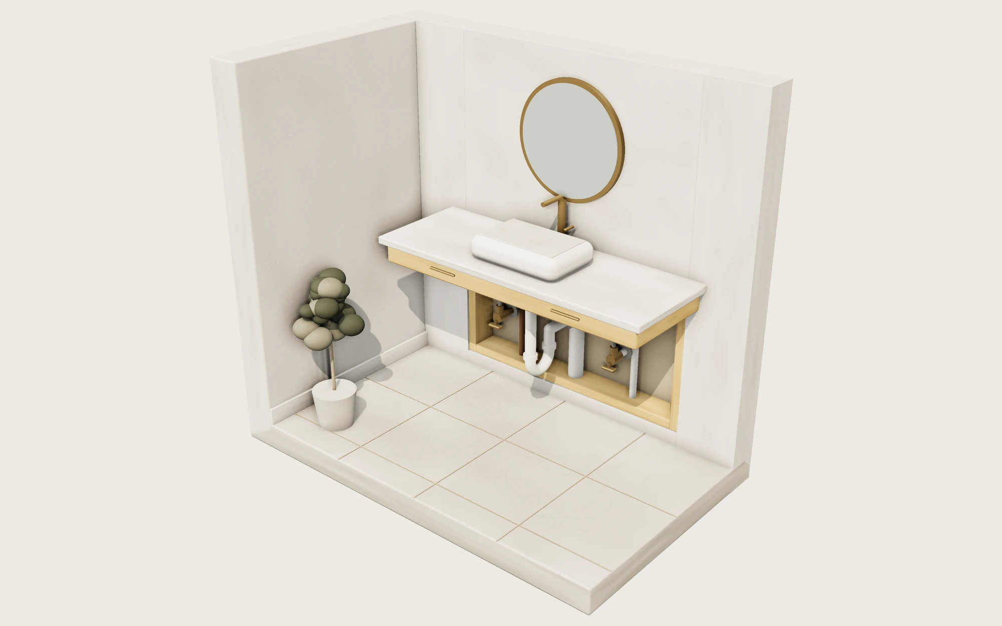3D render of a bathroom vanity with exposed sink plumbing