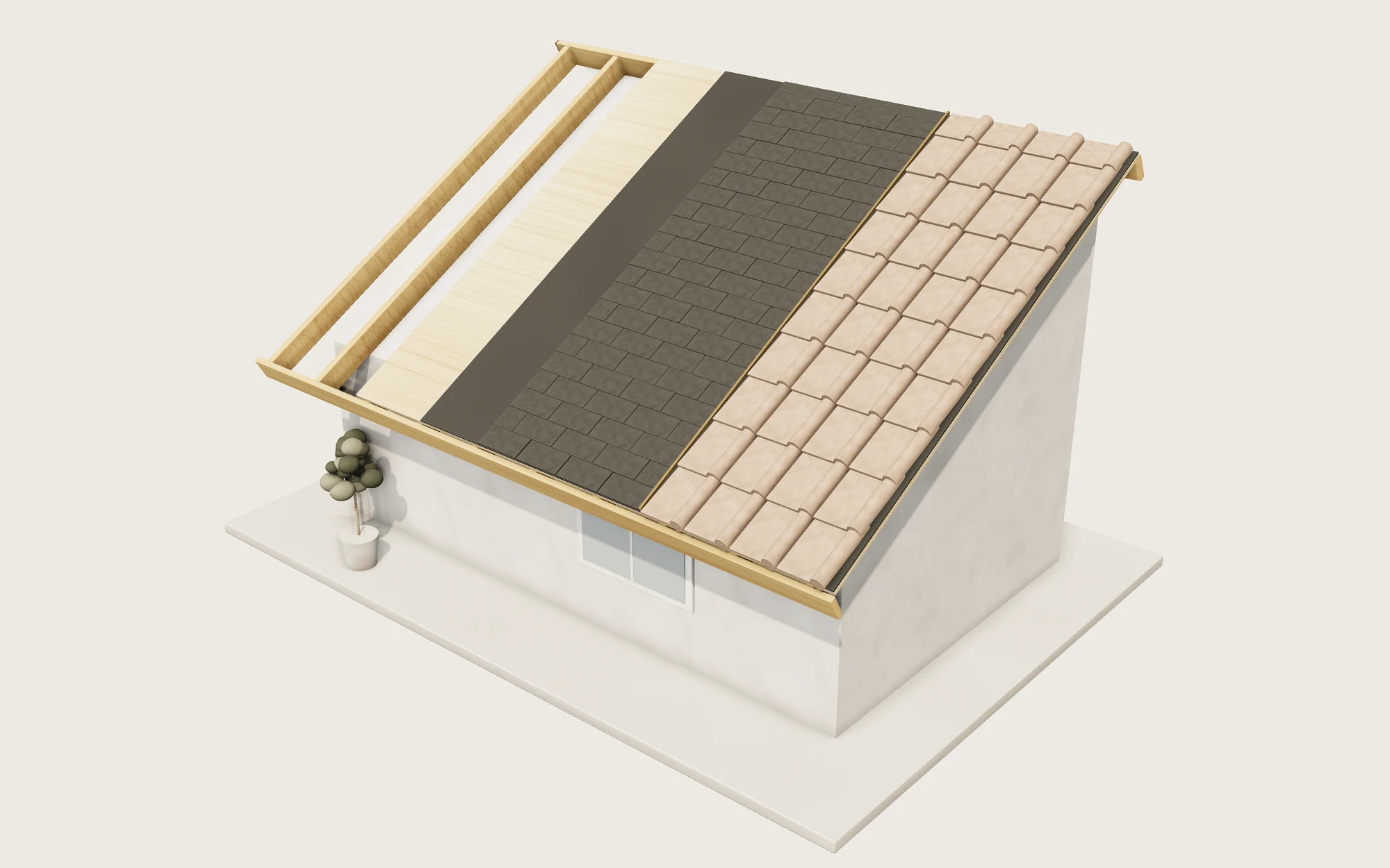 3D render of a roof cross-section with underlayment, shingles and tiles