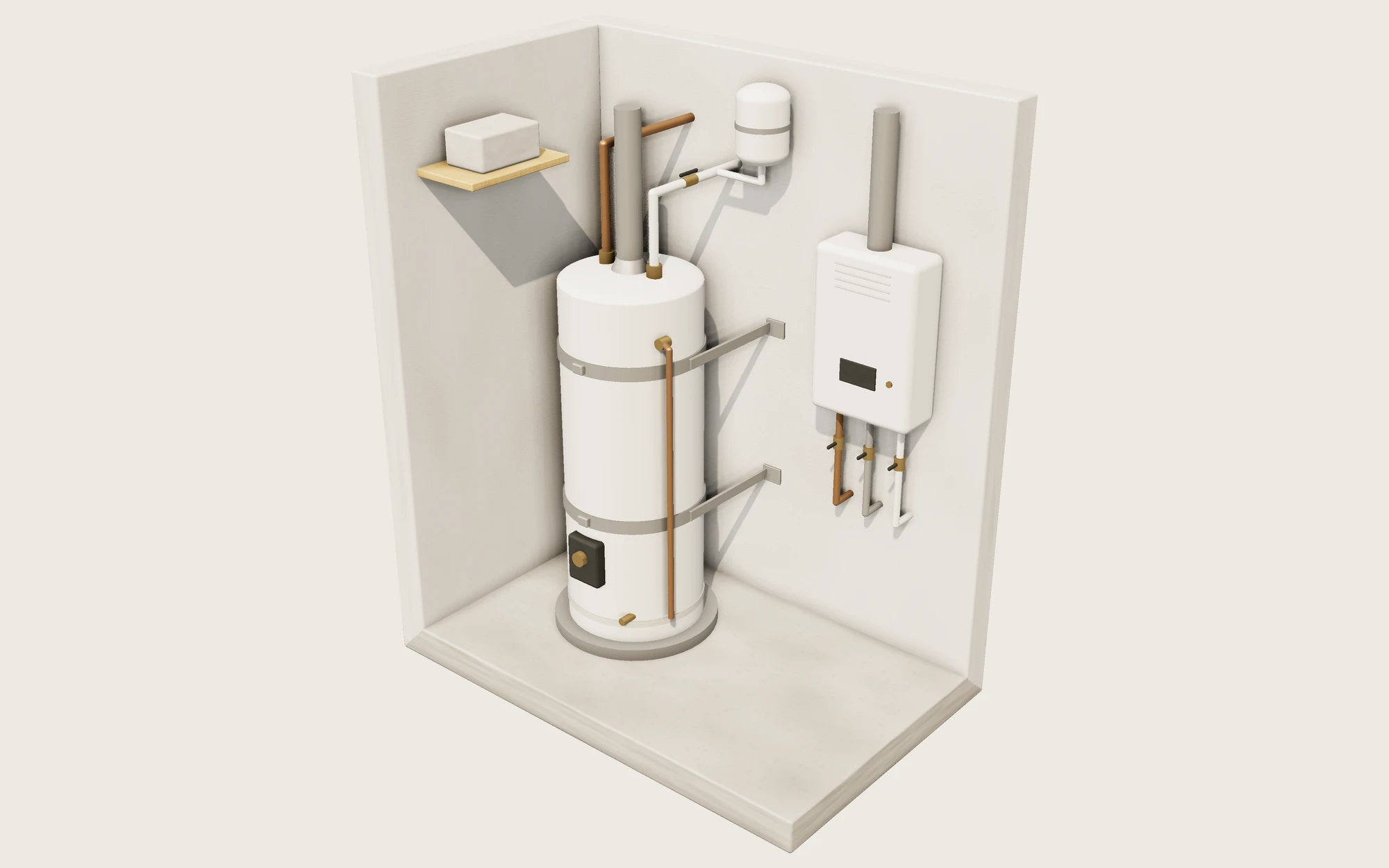3D render of a tank water heater beside a tankless unit