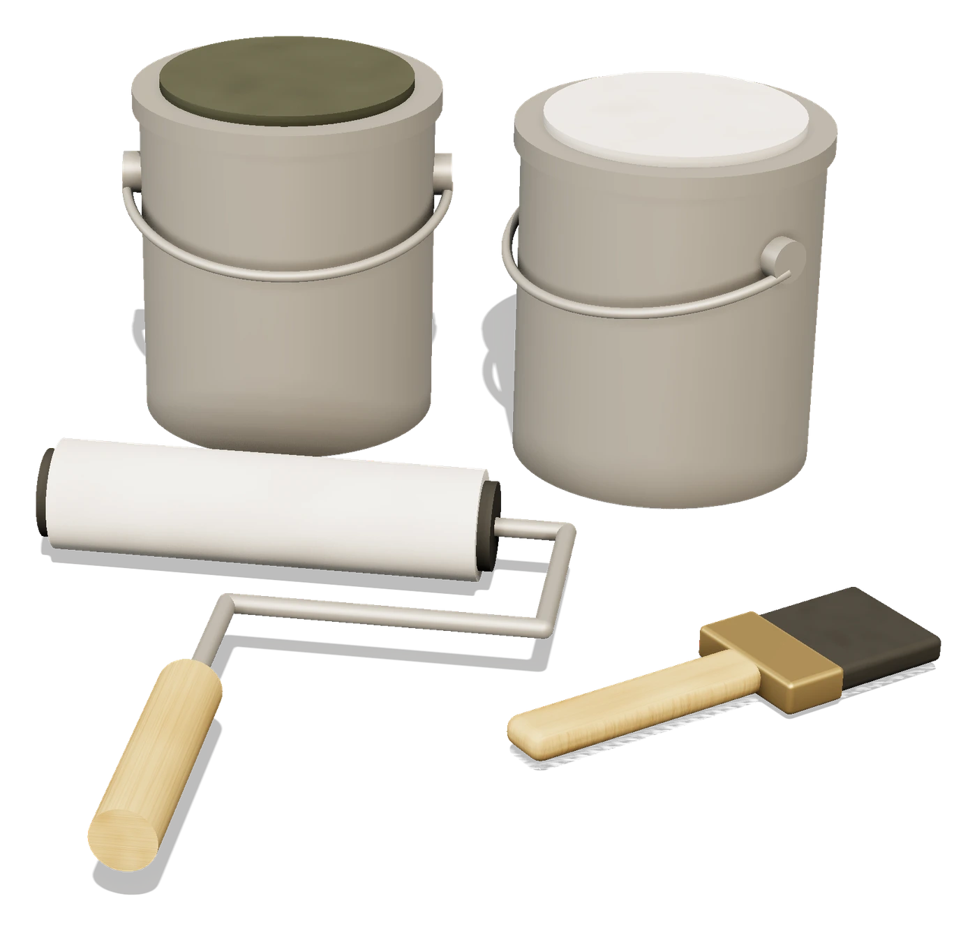 3D illustration: Paint cans, roller and brush