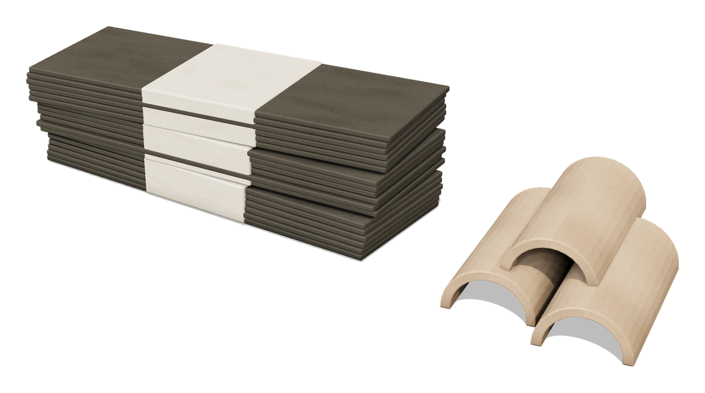 3D illustration: Asphalt shingle bundles and clay roof tiles