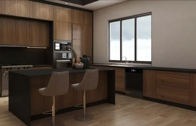 Kitchen with walnut-grain cabinets in black frames, black counters, an island with two upholstered stools and a window by the sink