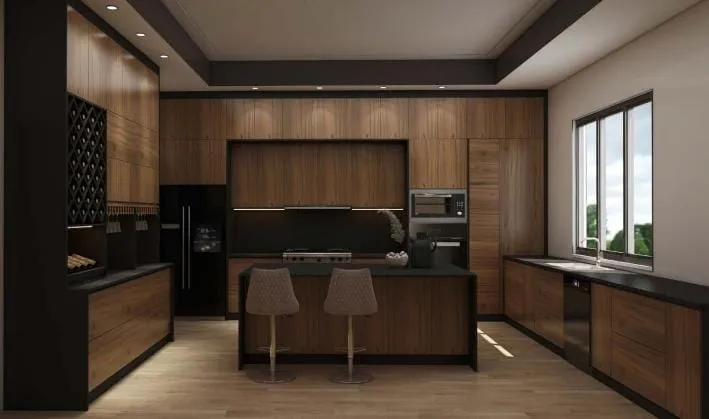 Wider view of a walnut and black kitchen with a recessed tray ceiling, a black refrigerator and a diamond-grid wine rack