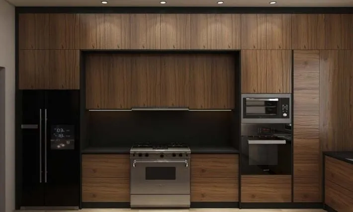 Cooking wall with a stainless range set into walnut cabinets, a black refrigerator and a built-in oven with microwave
