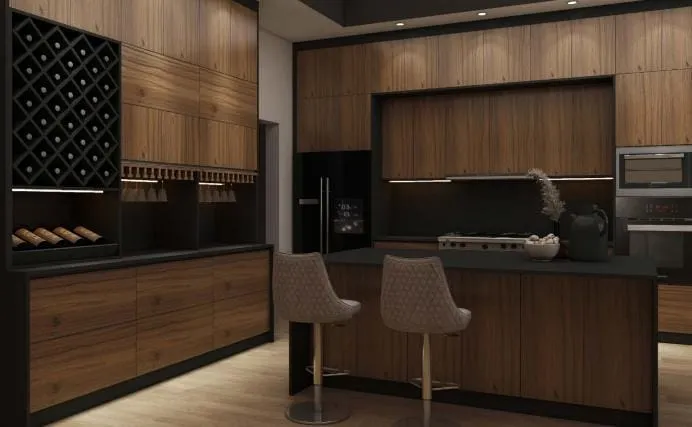 Walnut island with black counter and two stools beside a tall cabinet with a diamond-grid wine rack