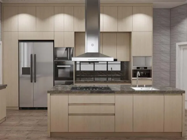 Light oak kitchen with an island cooktop under a stainless chimney hood, brown granite counters and a stainless refrigerator