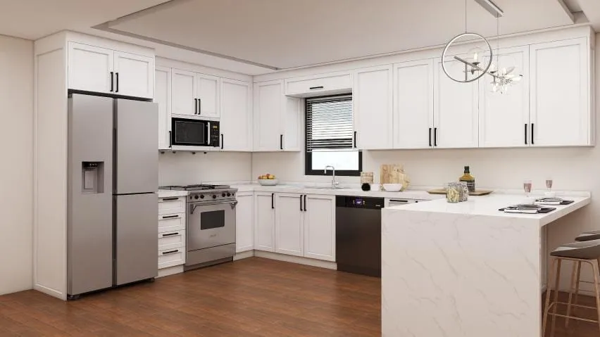 White Shaker kitchen with black bar pulls, stainless appliances, a white waterfall peninsula and wood floors