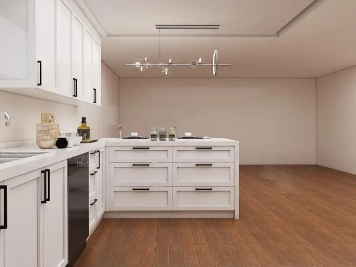 White Shaker peninsula with deep drawers facing an open room with a linear chandelier