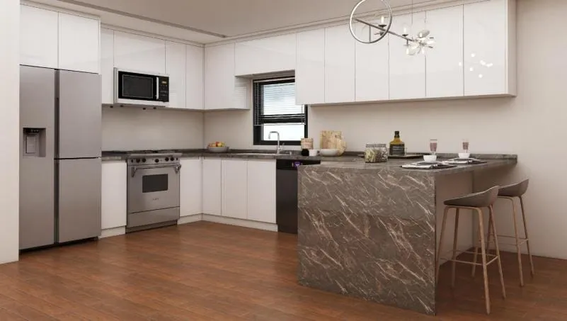 White Shaker kitchen with a brown veined stone waterfall peninsula and two wood bar stools
