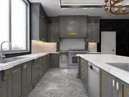 Galley view of gray raised-panel cabinets with white marble counters, a farmhouse-style window and gray stone floor