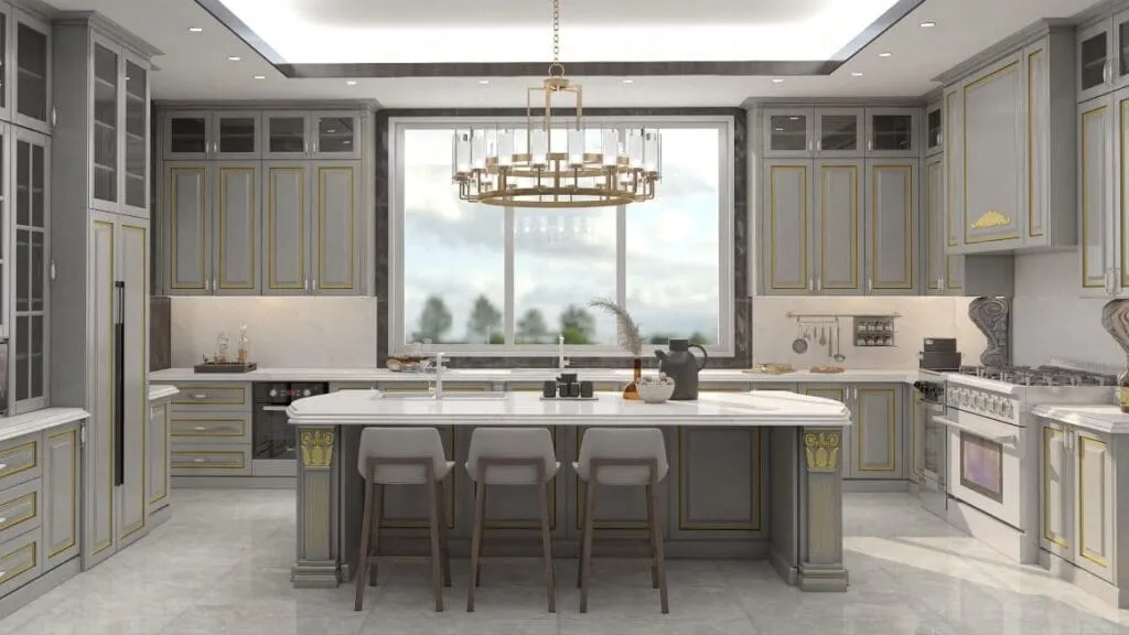 Sage gray kitchen with glass-front upper cabinets, an island with three stools and a round crystal chandelier