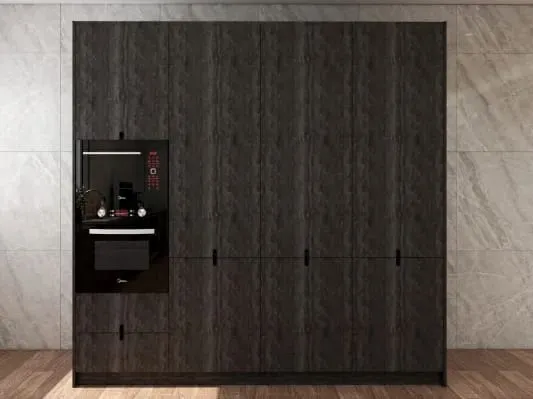 Dark rough-grain wood pantry wall with flush doors and a built-in oven against stone-look wall slabs