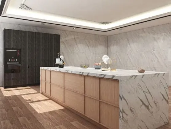 Island with oak grid drawers and veined stone top in front of a dark wood cabinet wall