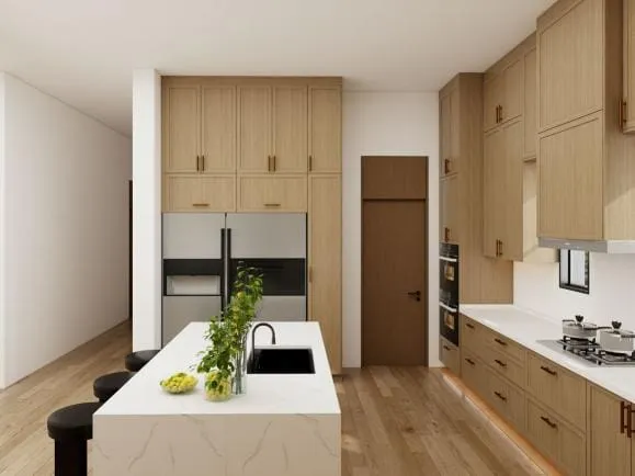 White oak kitchen with a quartz island, black bar stools and a stainless French-door refrigerator