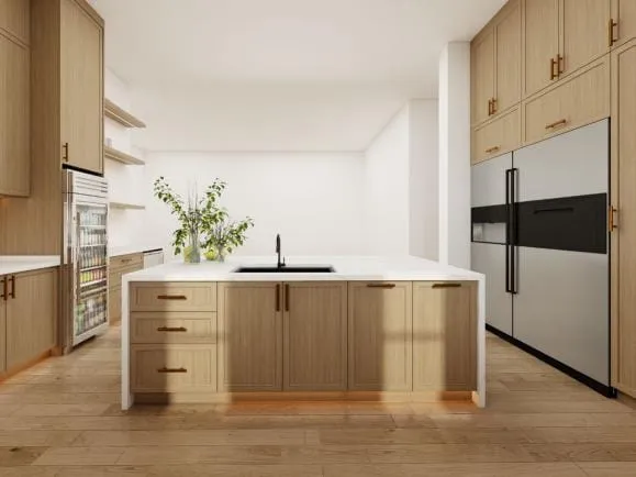 Oak island with a black sink facing a glass-door beverage fridge and stainless refrigerator
