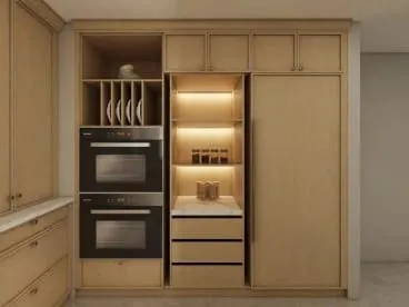 Tall oak cabinet run with double wall ovens, a plate rack and a lit coffee niche with drawers