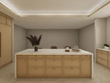 Oak island with a grid of drawers and a white stone top in an open room