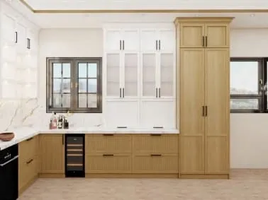 White glass-front upper cabinets over fluted oak lowers, a wine fridge and a tall oak pantry