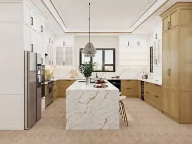Marble-look waterfall island under a woven pendant in a white and oak U-shaped kitchen