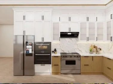 Cooking wall with a stainless refrigerator, black wall oven, range and slim hood under white glass-front cabinets