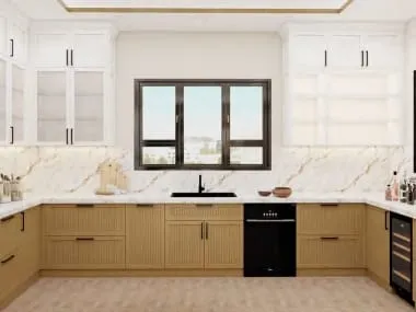 Sink wall with a black sink under a window, fluted oak cabinets, black dishwasher and wine fridge