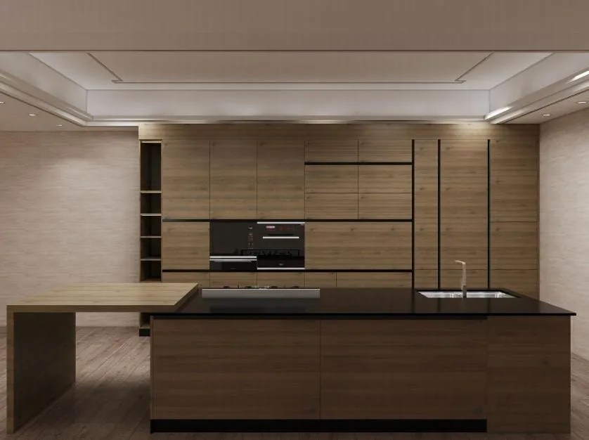 Oak slab cabinet wall with black reveal lines, built-in ovens and a black-topped island with a wood breakfast bar