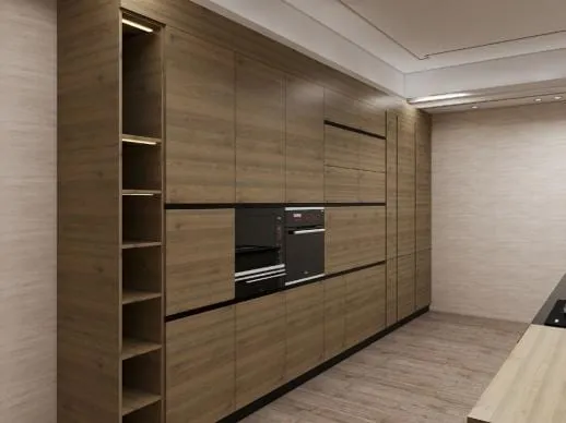 Oak tall cabinet wall with an open shelf column and two built-in ovens