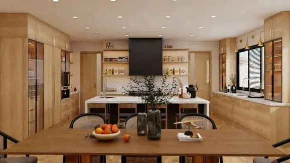 Open oak kitchen with a black box hood, open shelves and a dining table in front