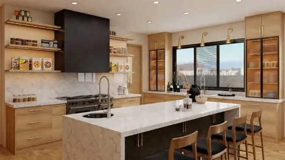 White marble waterfall island with a black base and wood stools beside a range under a black hood
