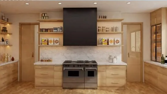 Dual-oven stainless range under a black hood with open oak shelves and a marble backsplash
