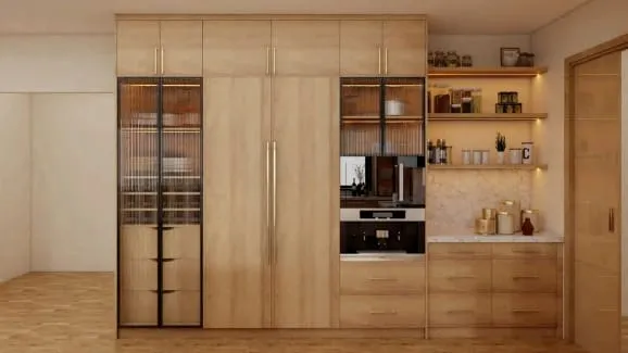 Panel-front refrigerator between ribbed-glass cabinets and a built-in coffee station with open shelves