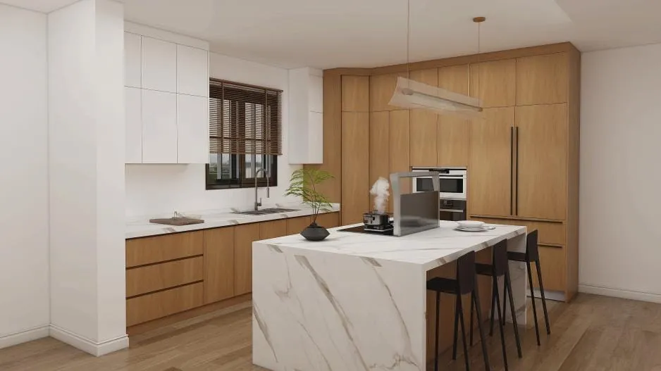 White upper cabinets over oak lowers with a marble waterfall island and black stools