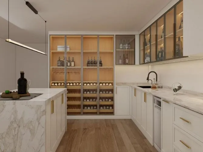 Tall glass-front wine cabinet with wood shelves beside white Shaker base cabinets