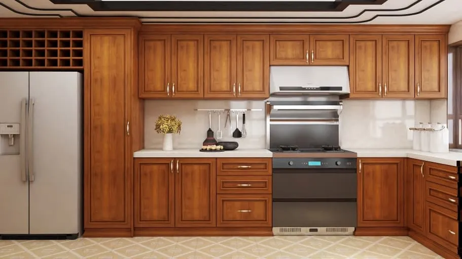 U-shaped kitchen with cherry raised-panel cabinets, white quartz counters, a stainless hood and a wine cubby